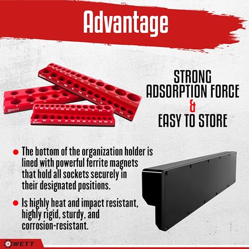 WETT Magnetic Socket Organizer Set, 6-Piece Socket Holder Set, 1/4", 3/8", 1/2" Drive Magnetic Sockets Trays, Holds 143pcs SAE & Metric, Standard Shallow and Deep Size Sockets (Socket not Included)