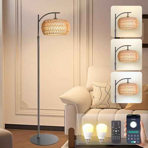 DRAWNCAT Boho Rattan Floor Lamp with Shade - 12W Bright LED Bulb, Adjustable Height 48-60 Inch, Remote Control 3 Color Temperatures,Farmhouse Handwoven Arc Standing Light for Living Room Bedroom