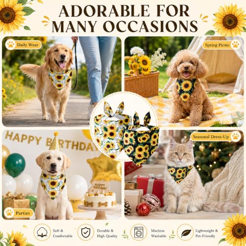 Sunflower Dog Bandanas 2-Pack Adjustable Cotton Scarves for Small to Large Dogs & Cats