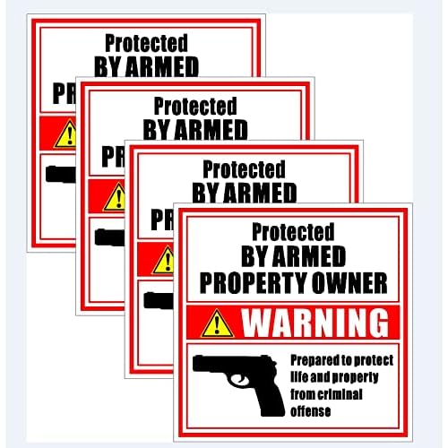 Outdoor/Indoor (4 Pack) 3.65" X 3.65" - Protected By Armed Property Owner - Gun Handgun Danger Warning Sign Vinyl Label Sticker Decal - Back Adhesive Vinyl
