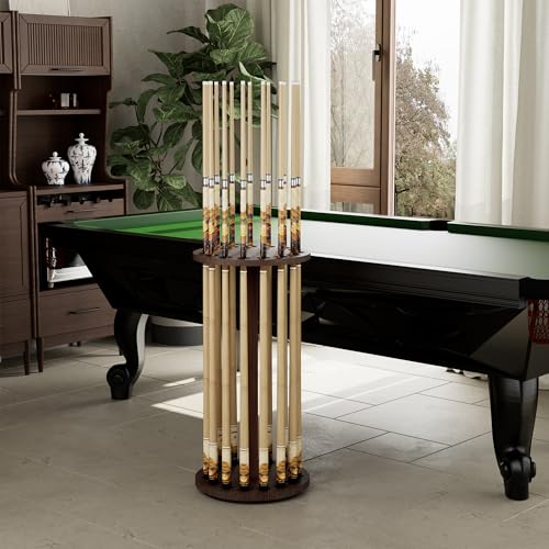 Brown 360° Rotating Wooden Pool Cue Rack Holds 15 Cues - Floor Stand Billiard Organizer