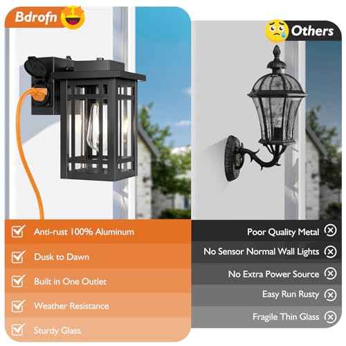 2-Pack Outdoor Porch Lights with Outlet,Dusk to Dawn Motion Modern Outdoor Wall Lights Exterior Lighting Fixtures Waterproof, Black Outside Light for House Patio Garage Hallway