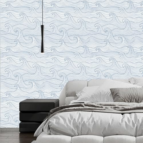 Okydoky Peel and Stick Wallpaper, Modern Wave Self-Adhesive Wall Paper, Blue Removable Wallpaper, Contact Paper for Bedroom Cabinet Bathroom Decoration 17.3"x118", No.96141-1-3