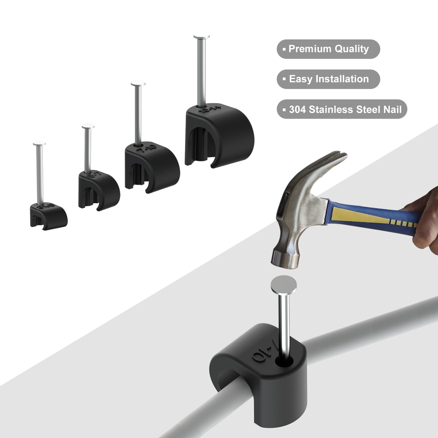 PolarPulse Black Cable Clips Pack of 200, Heavy-Duty Nail in Wire Clips, 304 Stainless Steel, UV and Weather Resistant, Cable Wire Management for Phone and Ethernet Wire, Power Cords, Tube