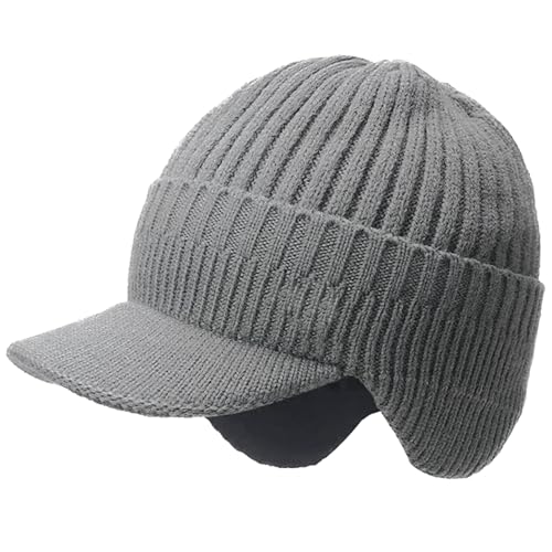 Men's Winter Knitted Baseball Beanie with Earflaps - Grey