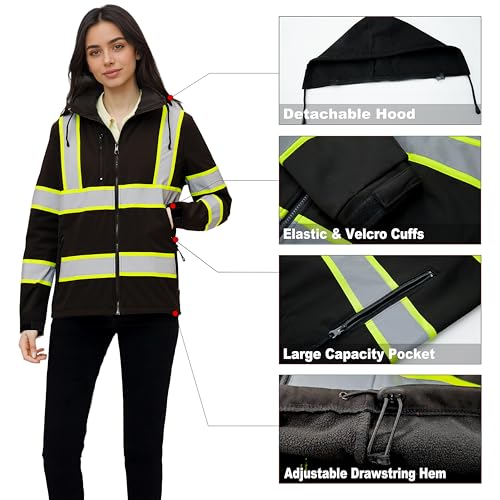 Reflective Safety Jacket for Men Women Hi Vis Waterproof Fleece Hoodie High Visibility Winter Rain Coat Meet ANSI Class 2