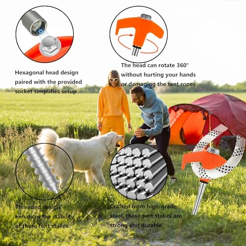 Orange 8-Inch Heavy Duty Screw-In Tent Stakes - 20 Pack Camping Ground Anchors