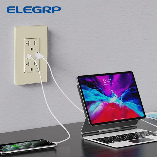 USB Charger Wall Outlet with USB A & C Ports - 15A Tamper Resistant, UL Listed, 6 Pack - Matte Light Almond
