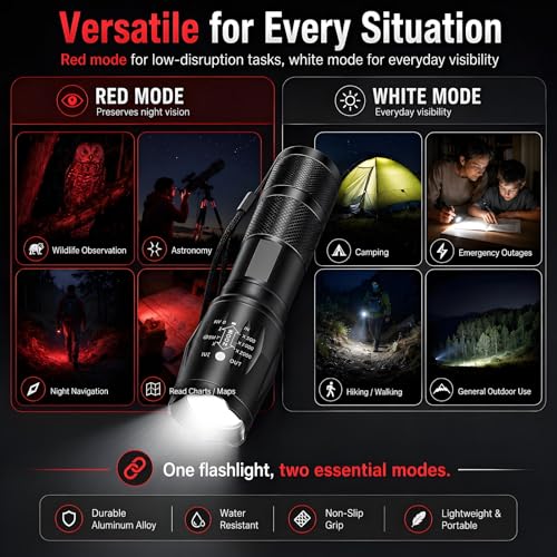 MVIOCS Red Rechargeable LED Flashlight with Zoom - 2000 Lumens, Water Resistant, Portable for Camping Hiking Emergency