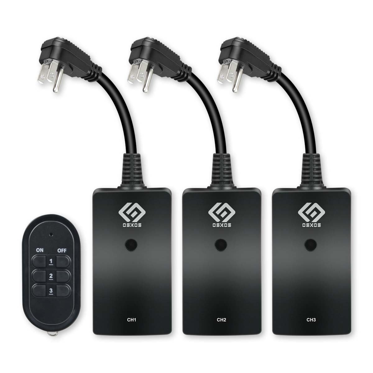 OSKOS Outdoor 3 Pack Outlets with Wireless Remote Control, 0.5ft Power Cord, Black.