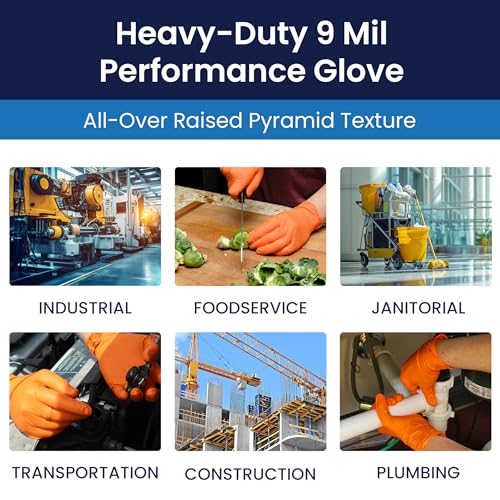 Adenna ProWorks CATCH Disposable Nitrile Gloves ? 9 Mil, Heavy Duty Work Rubber Glove with Raised Pyramid Grip, Non?Latex & Powder Free, Pack of 100, Medium, Orange