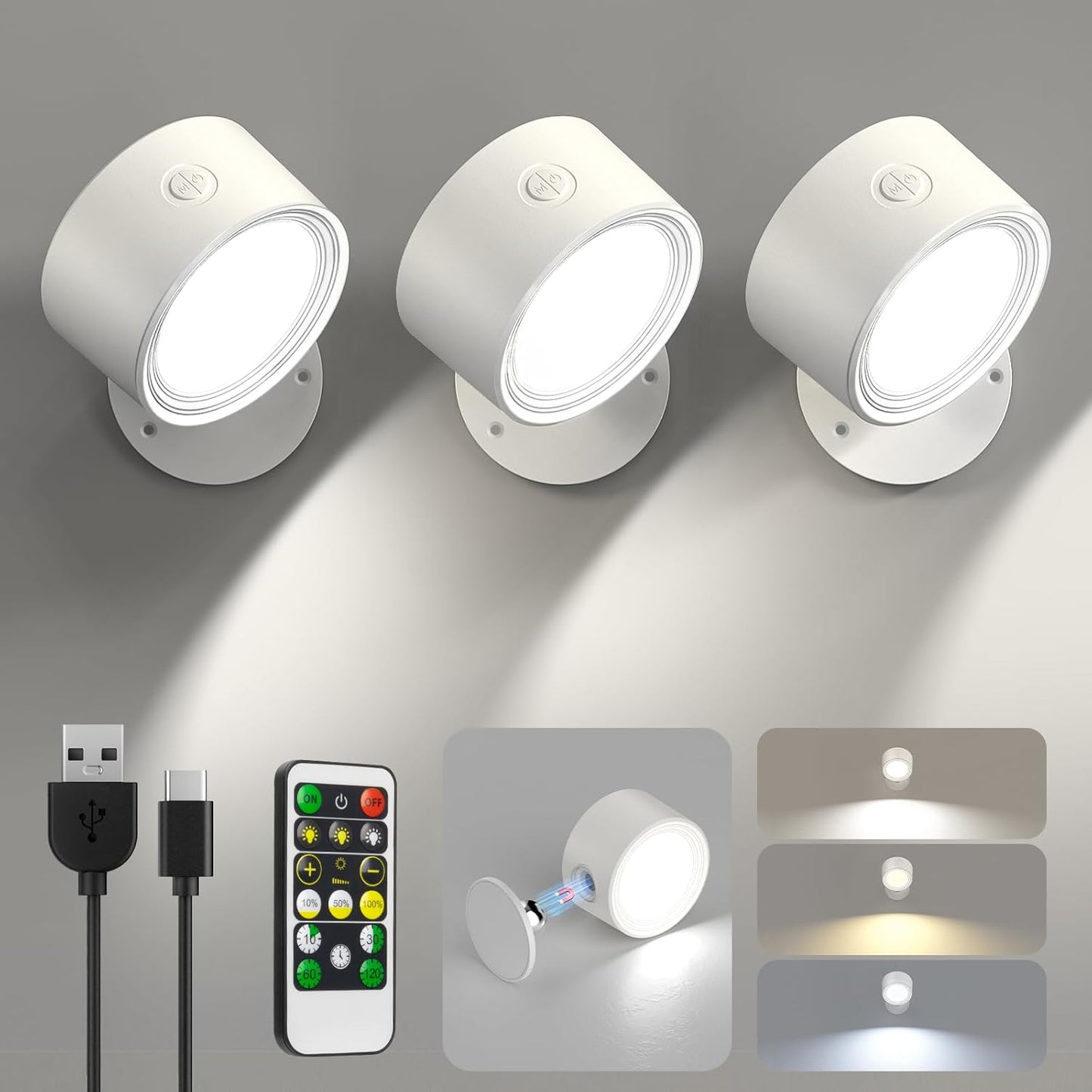 Rechargeable LED Wall Mounted Lights - 3 Pack with Remote, Dimmable & 360° Rotation for Bedroom