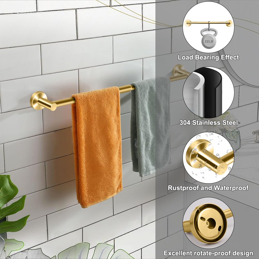 MGahyi Towel Racks for Bathroom-Adjustable Towel Holder(13.18inch-24inch) Sturdy and Rustproof Towel Bar Wall Mounted, Single Towel Bar Rod for Bathroom Accessories (Gold, 1Pack-Towel Bar)