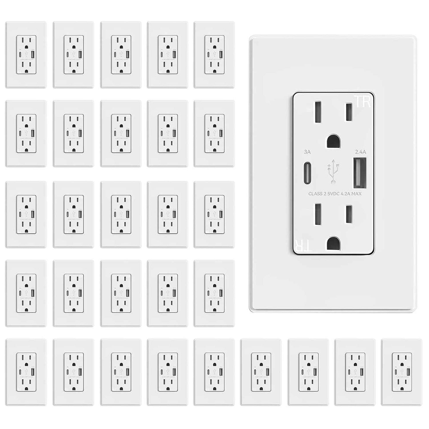 USB Wall Charger Outlet with A & C Ports - 15A Tamper Resistant, UL Listed, 6 Pack, Light Almond