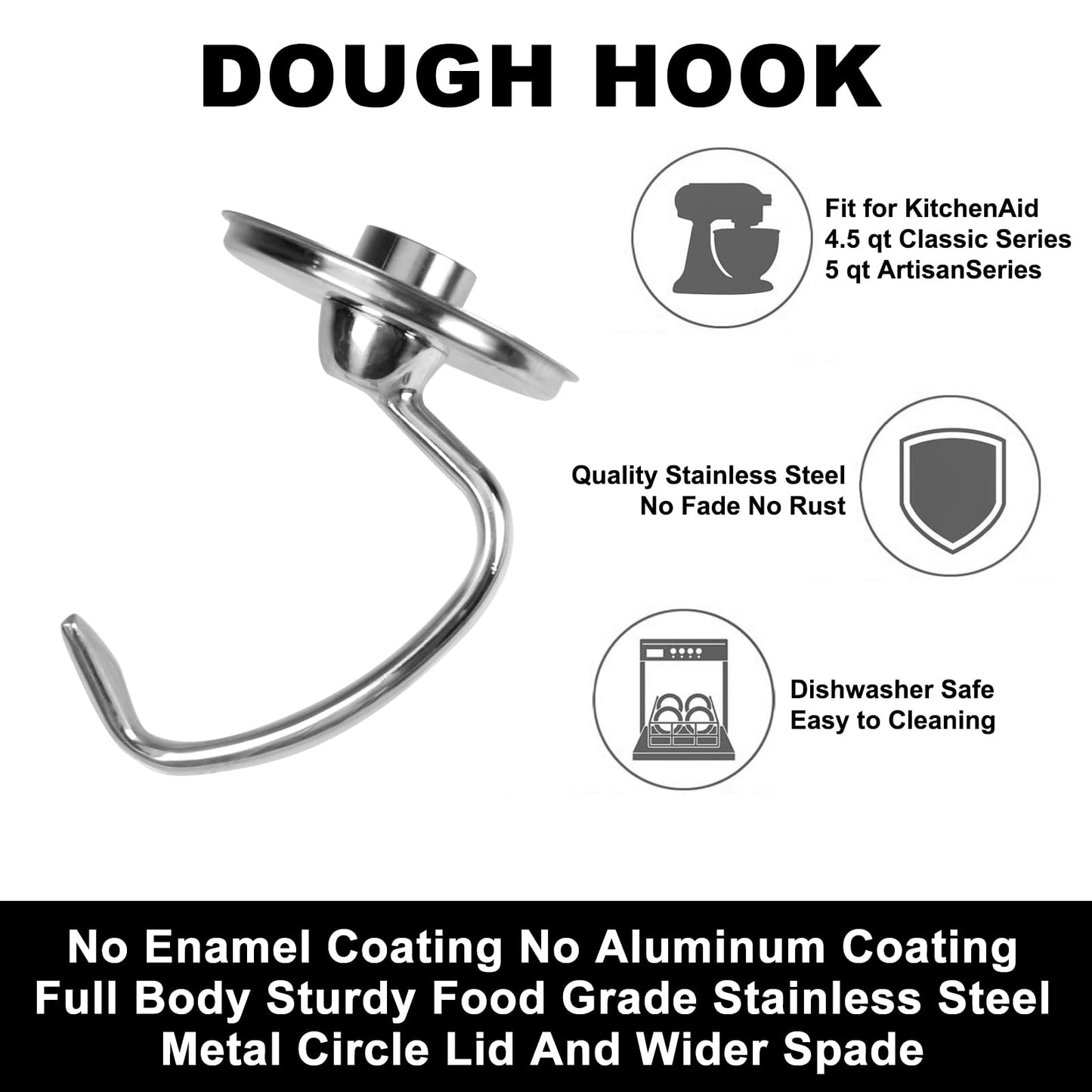 Stainless Steel Dough Hook Attachment for 4.5/5 Quart KitchenAid Tilt-Head Stand Mixers,Dough Hook kitchen aid Replacement for K45SS, KSM75, KSM90, KSM95, KSM150, Stand Mixer Parts Accessories