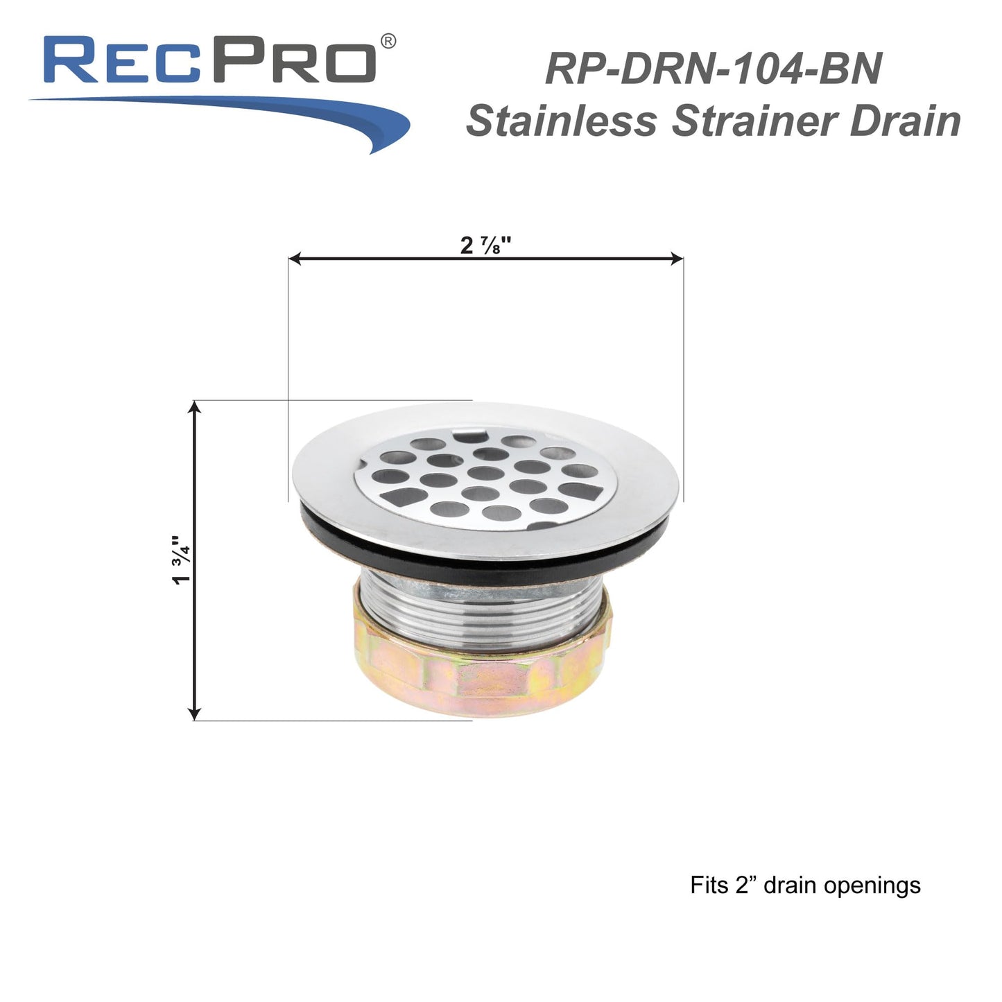 RecPro RV Brushed Nickel Sink Strainer Drain | Removable Strainer | Fits 2" Drain Holes | Connects to Pipes with 1.5" Threading