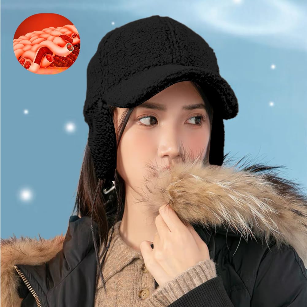 Sherpa Fleece Baseball Cap with Earflaps, Warm Fuzzy Winter Hat Adjustable for Men and Women Outdoor Travel (US, Alpha, One Size, Black)