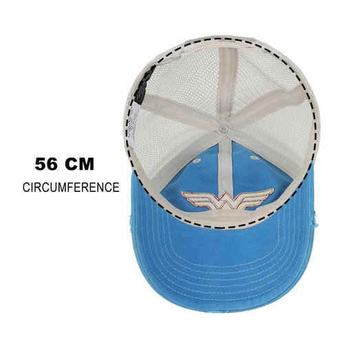 Bioworld Wonder Woman Logo Women's Blue Washed Distressed Cut Fabric Unstructured Baseball Cap
