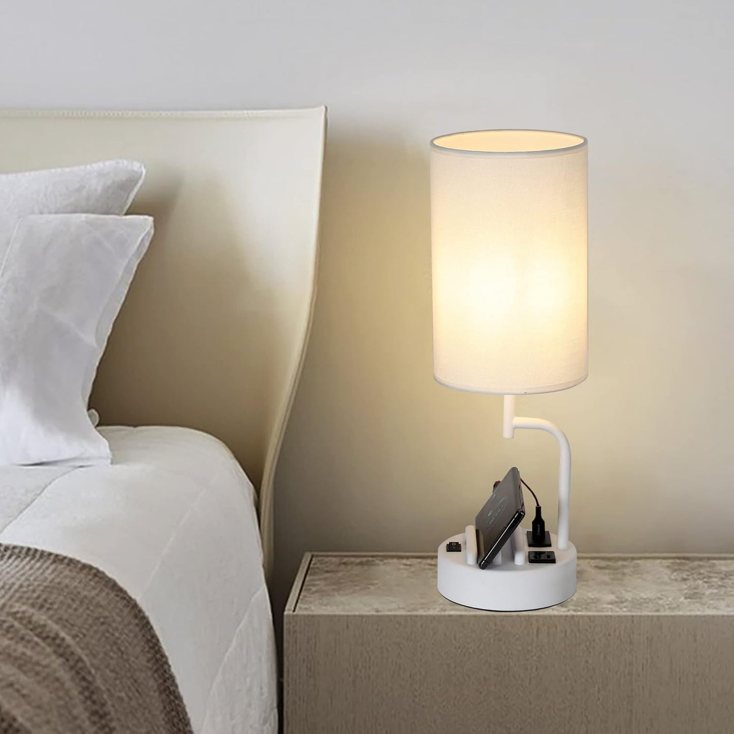 Modern Table Lamp with 3 USB Ports & AC Outlet - Set of 2 Bedside Desk Lamps in Silver