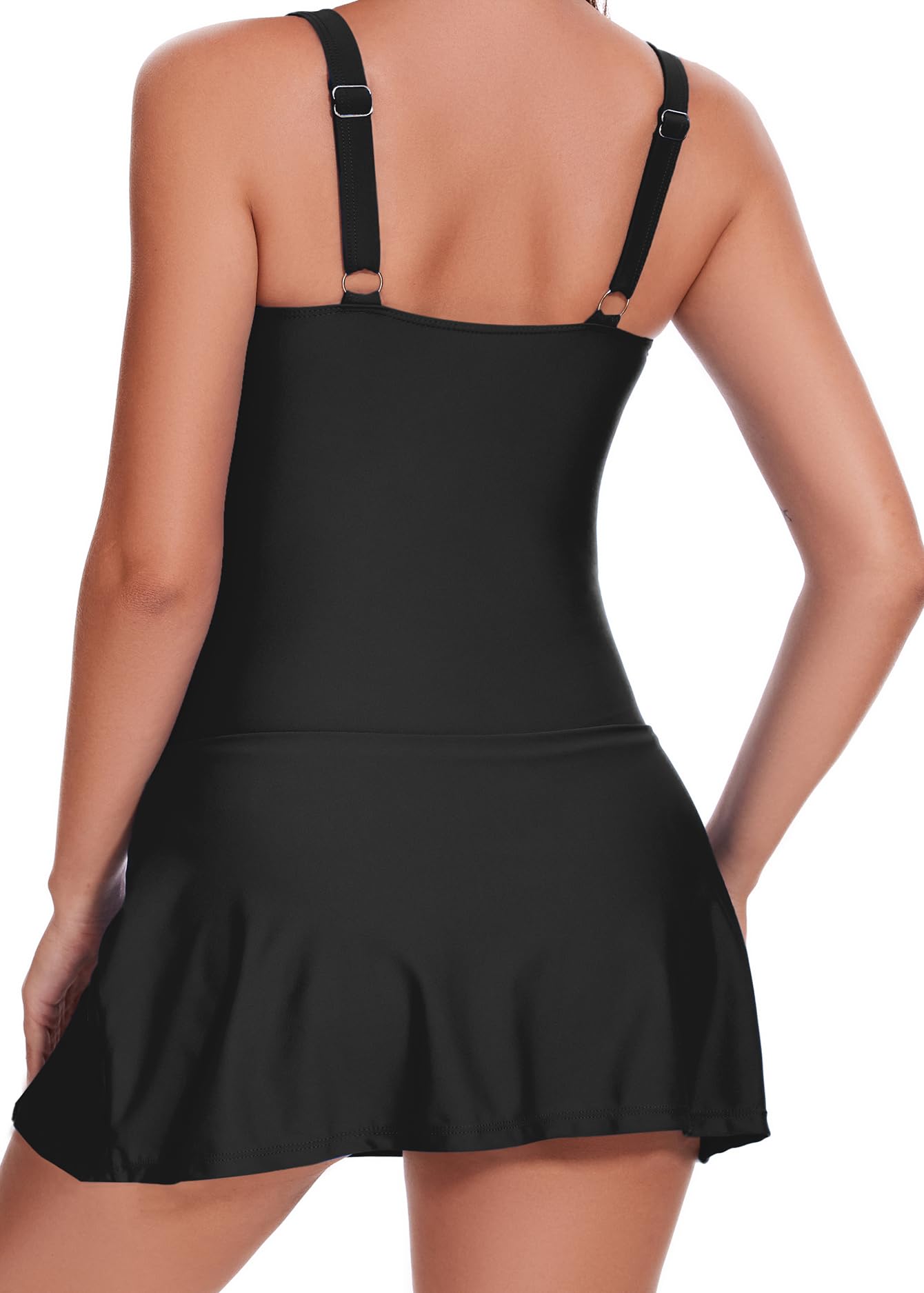 One Piece Swimdress Swimsuit for Women Tummy Control Split Swim Dress Skirt Bandeau Bathing Suit (US, Alpha, Large, Regular, Regular, Black)