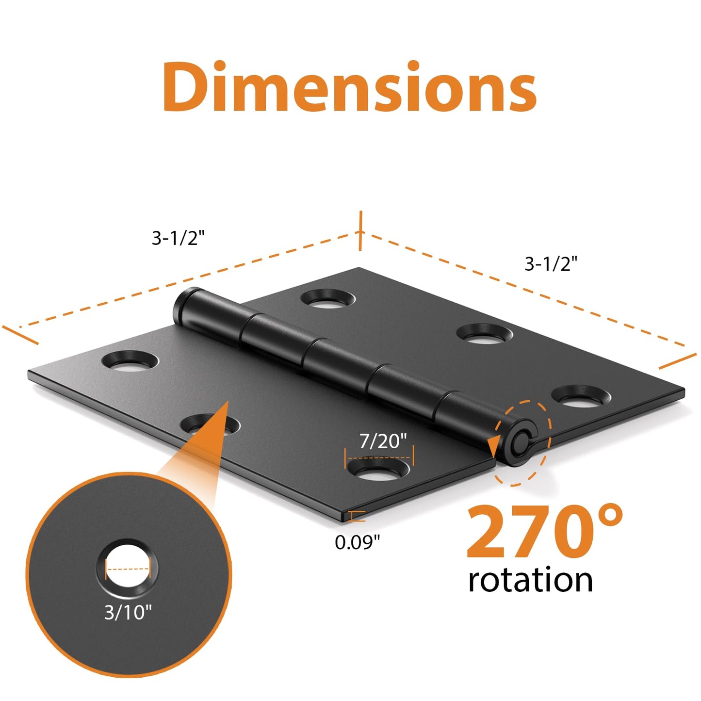 AmzGod 3 Pack 3.5 Inch Matte Black Door Hinges, Interior Hinges with Square Corners, 3 1/2" Black Hardware for Standard Residential Doors