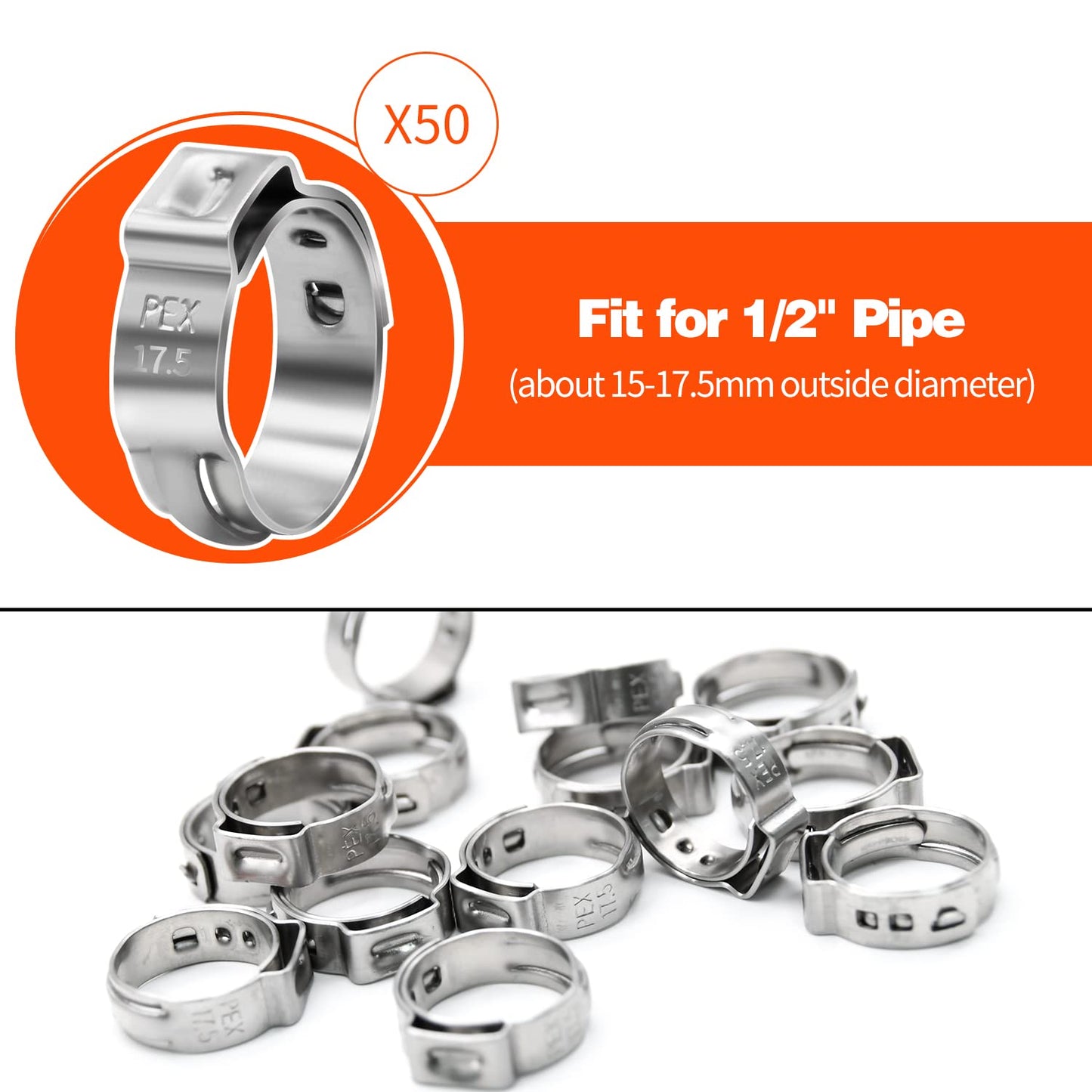50 Pack 1/2 Inch PEX Cinch Clamps, Stainless Steel Single Ear Hose Clamps, for PEX Pipe