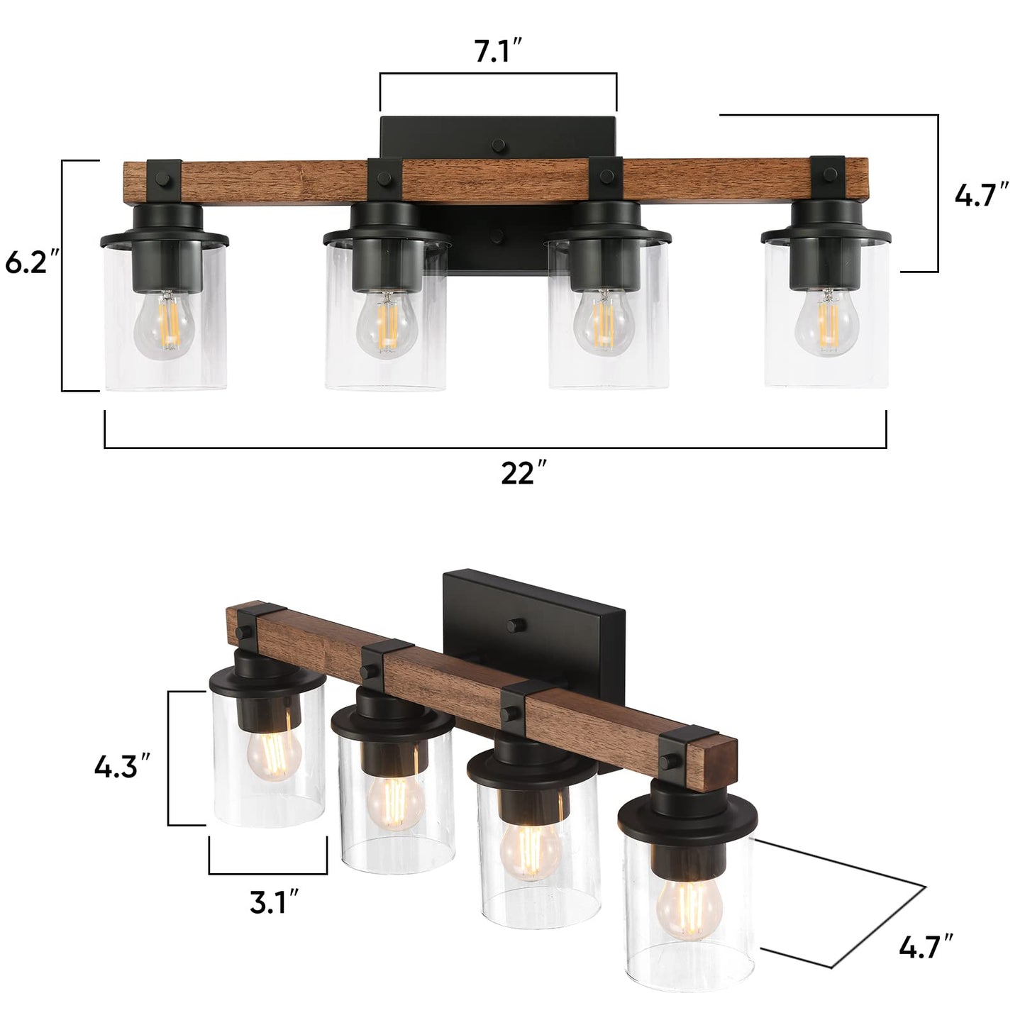 GZBtech 4-Light Wood Vanity Light Fixture Over Mirror, Farmhouse Rustic Wall Light with Clear Glass & Black Matte Metal for Bathroom Living Room, Hallway
