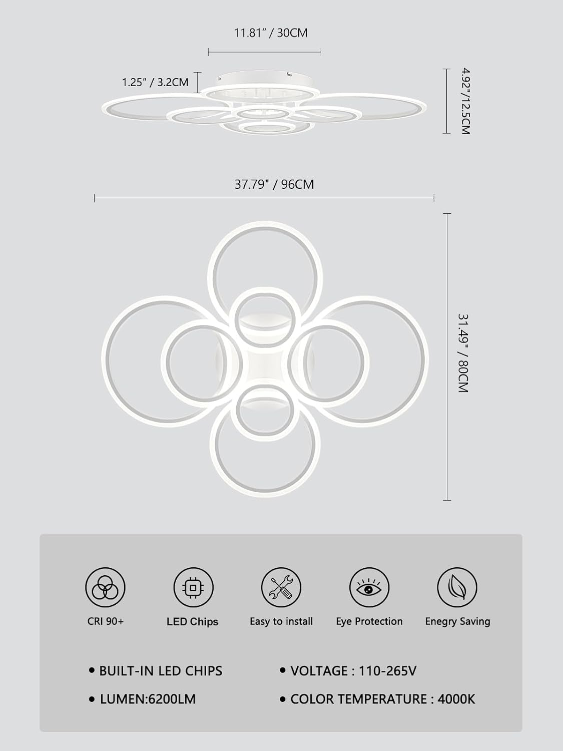 Modern LED Flush Mount Ceiling Light - 4 Rings 4000K Fixture for Kitchen & Living Room