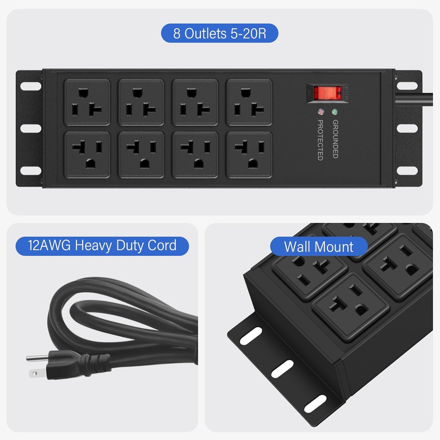Heavy Duty 20 Amp Surge Protector Power Strip with 8 Outlets, 6FT Wall Mount - Yellow