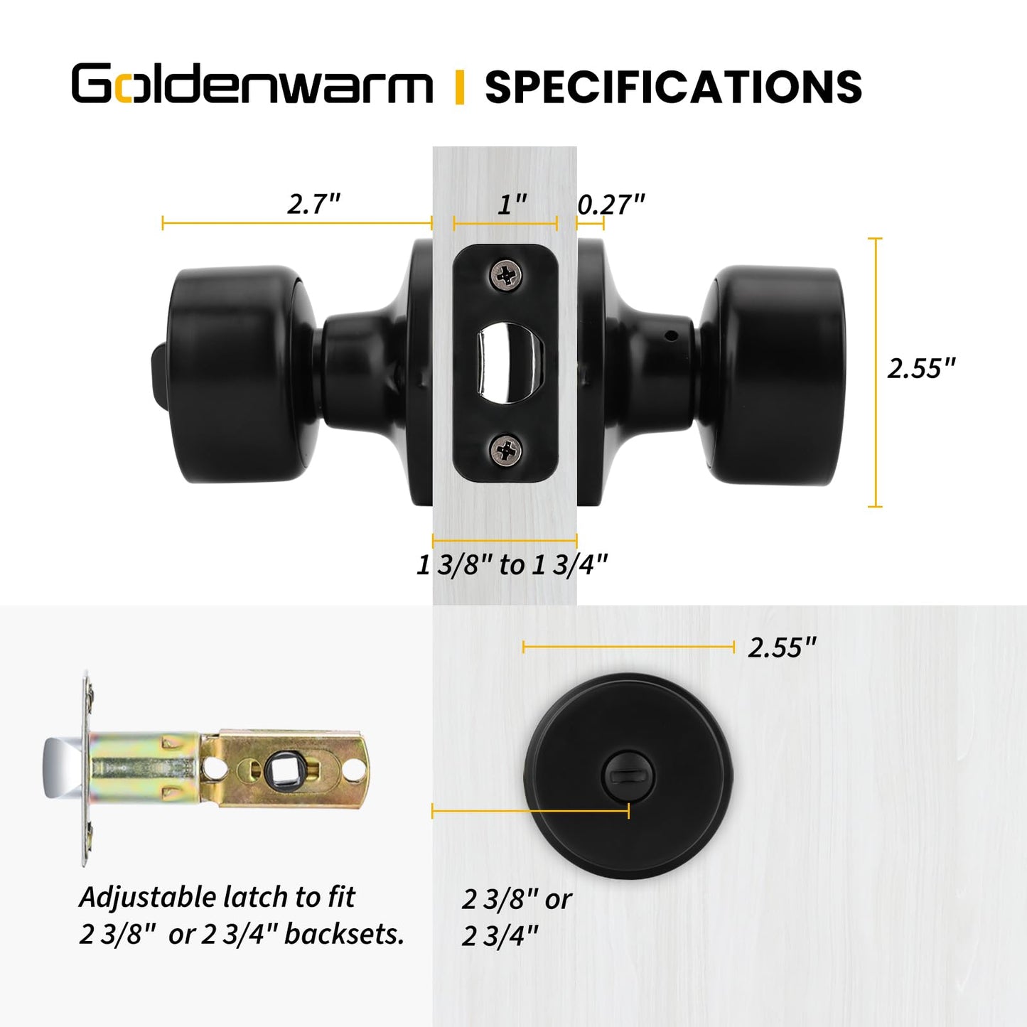 goldenwarm Black Door Knobs Interior, Privacy Door Knob Black Door Knobs Interior Bulk Matte Black Privacy Door Knobs for Bedroom or Bathroom (8 Pack)