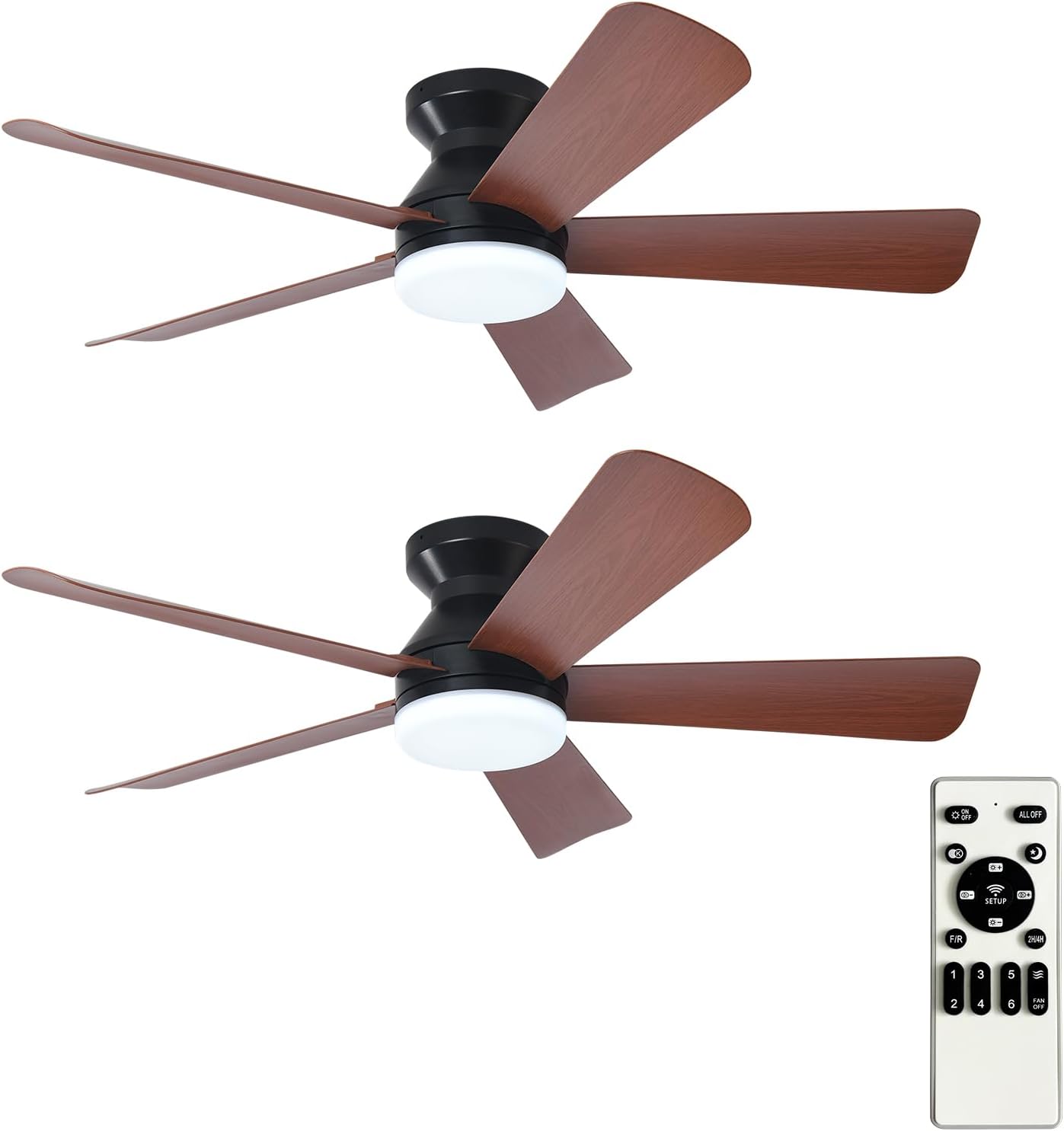 42-Inch Modern Black Ceiling Fan with Light & Remote - Dimmable Low Profile, 5 Reversible Walnut Blades, 6 Speeds for Indoor/Outdoor Use