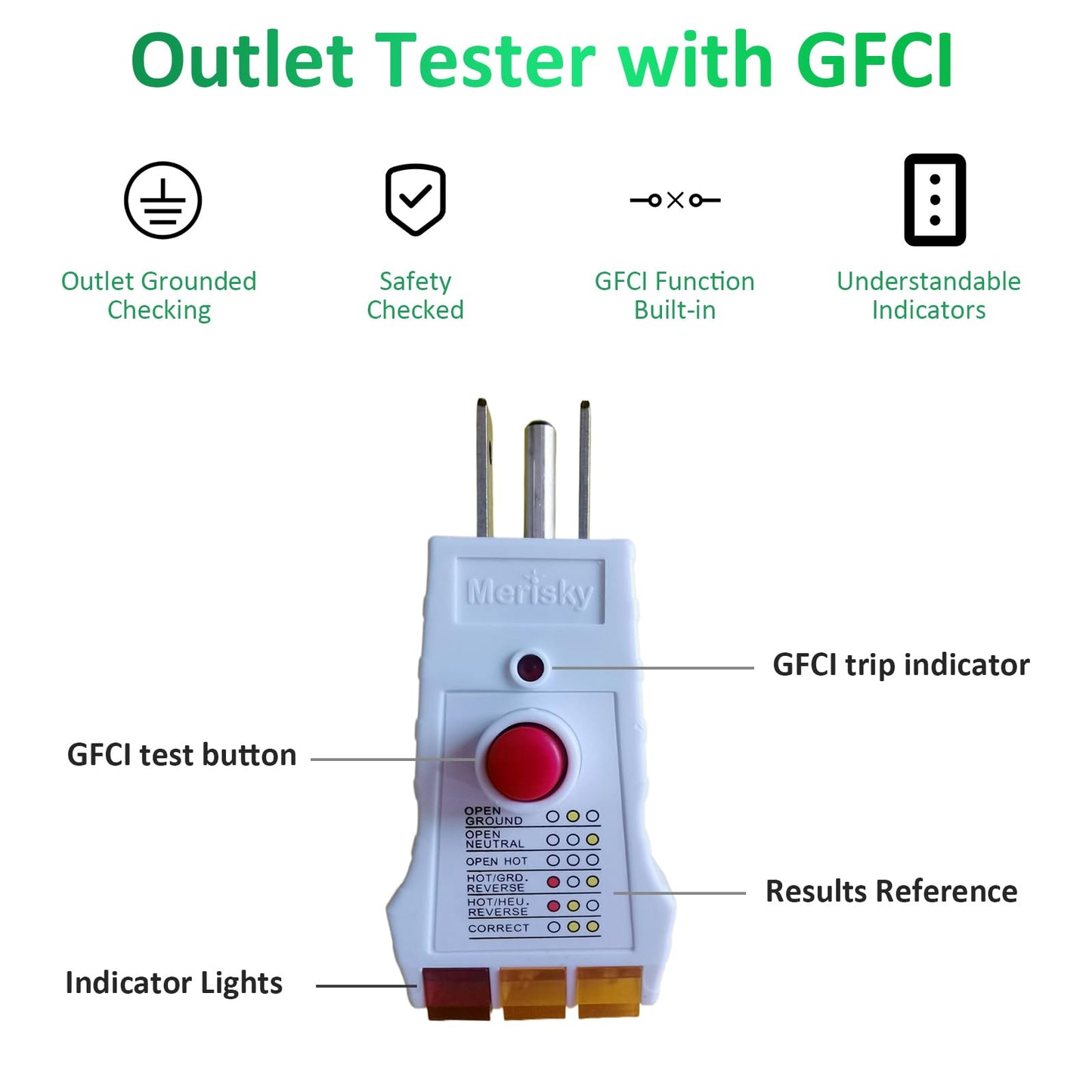 Merisky Outlet Tester for Grounding Products, Grounding Tester with GFCI, Receptacle Socket Tester for Proper Wiring, Circuit Tester for Electrical Assessment