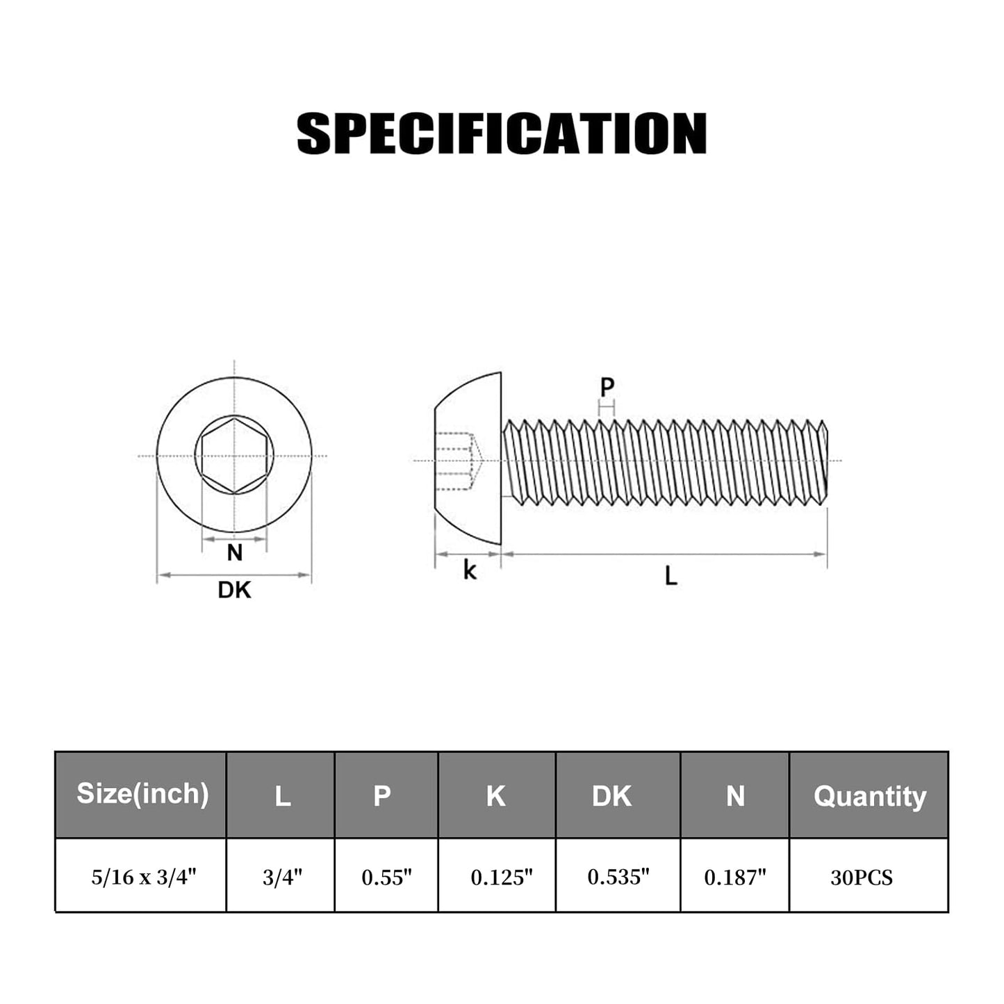 VGBUY 30Pcs 5/16-18 x 3/4" Button Head Socket Cap Bolts Screws, 304 Stainless Steel 18-8, Allen Hex Drive, Bright Finish, Fully Threaded, Hex Spanner Included