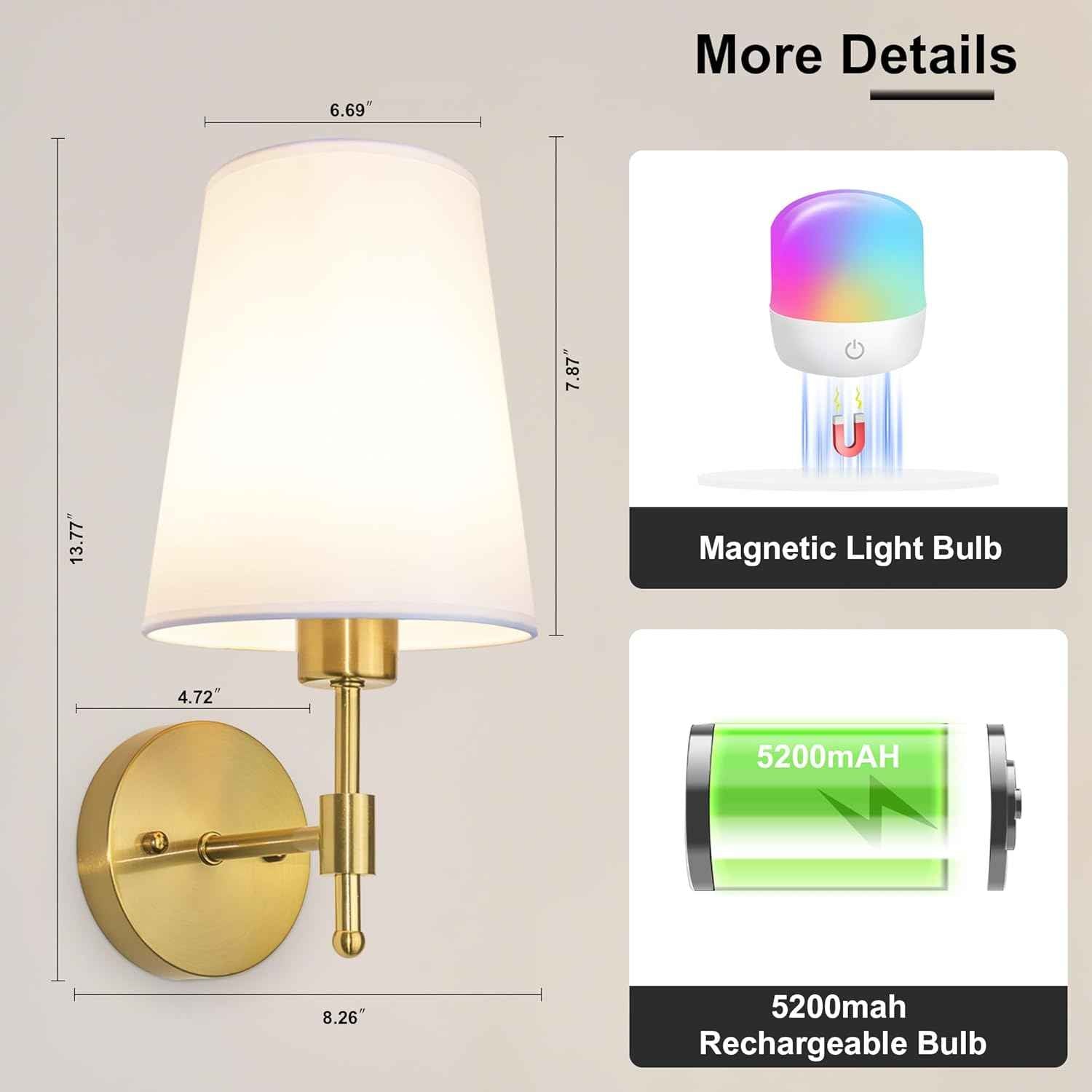 Rechargeable Gold Battery Operated Wall Sconces Set of 2 with Remote & RGB Bulbs