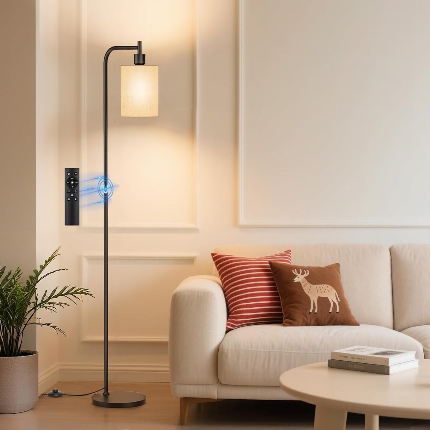Dimmable Floor Lamp with Linen Shade & Remote Control - Modern 9W LED Standing Lamp for Living Room, Bedroom, Office