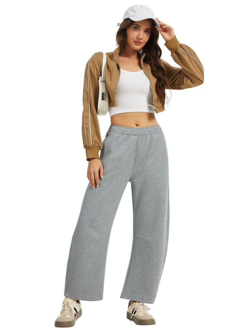 OVRUNS Barrel Sweatpants Women Elastic Waisted Barrel Pants Internal Drawstring Baggy Lounge Sweat Pants with Pockets - Grey M