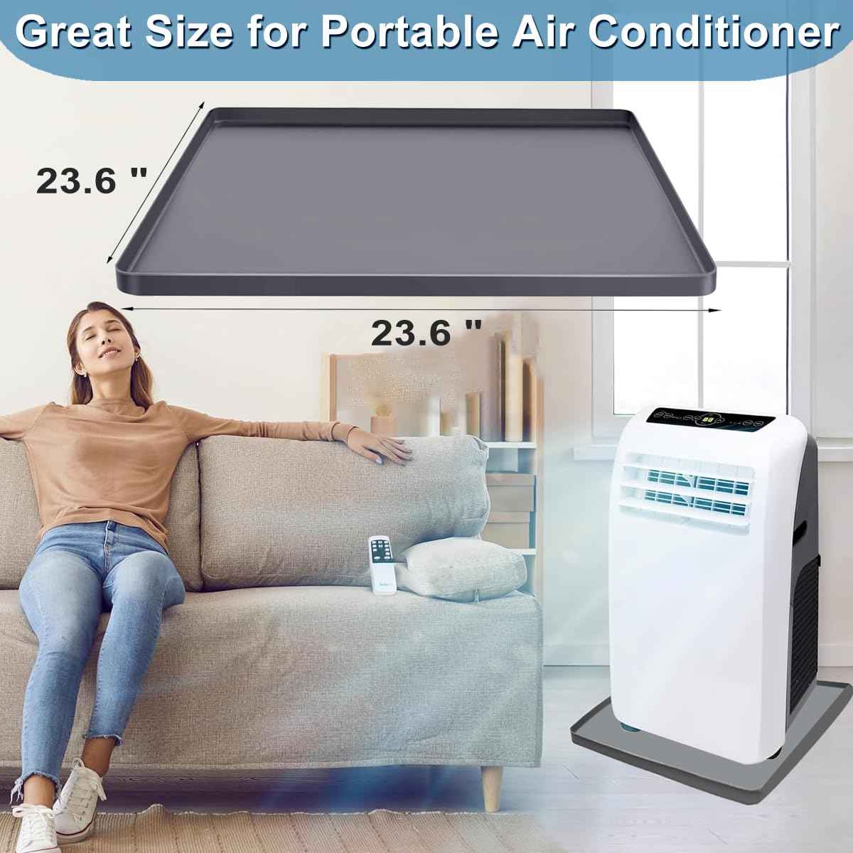 AC Drain Pan Air Conditioner Drip Pan, 24"X24" AC Unit Silicone Mat Tray with Raised Edge Portable Heater Tray, Floor, 2 in 1 Air Conditioner Floor Mat Non-Slip Waterproof Protector Pad