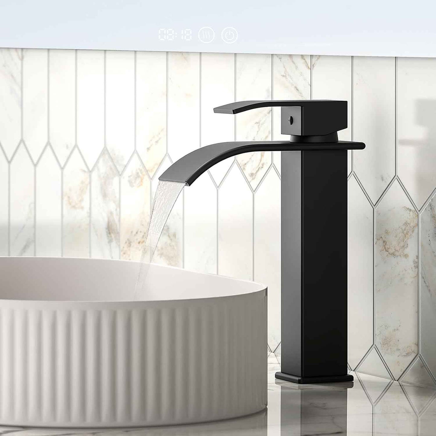 Modern Brushed Gold Bathroom Faucet with Waterfall Spout & Pop-Up Drain - Single Handle Vanity Sink Faucet
