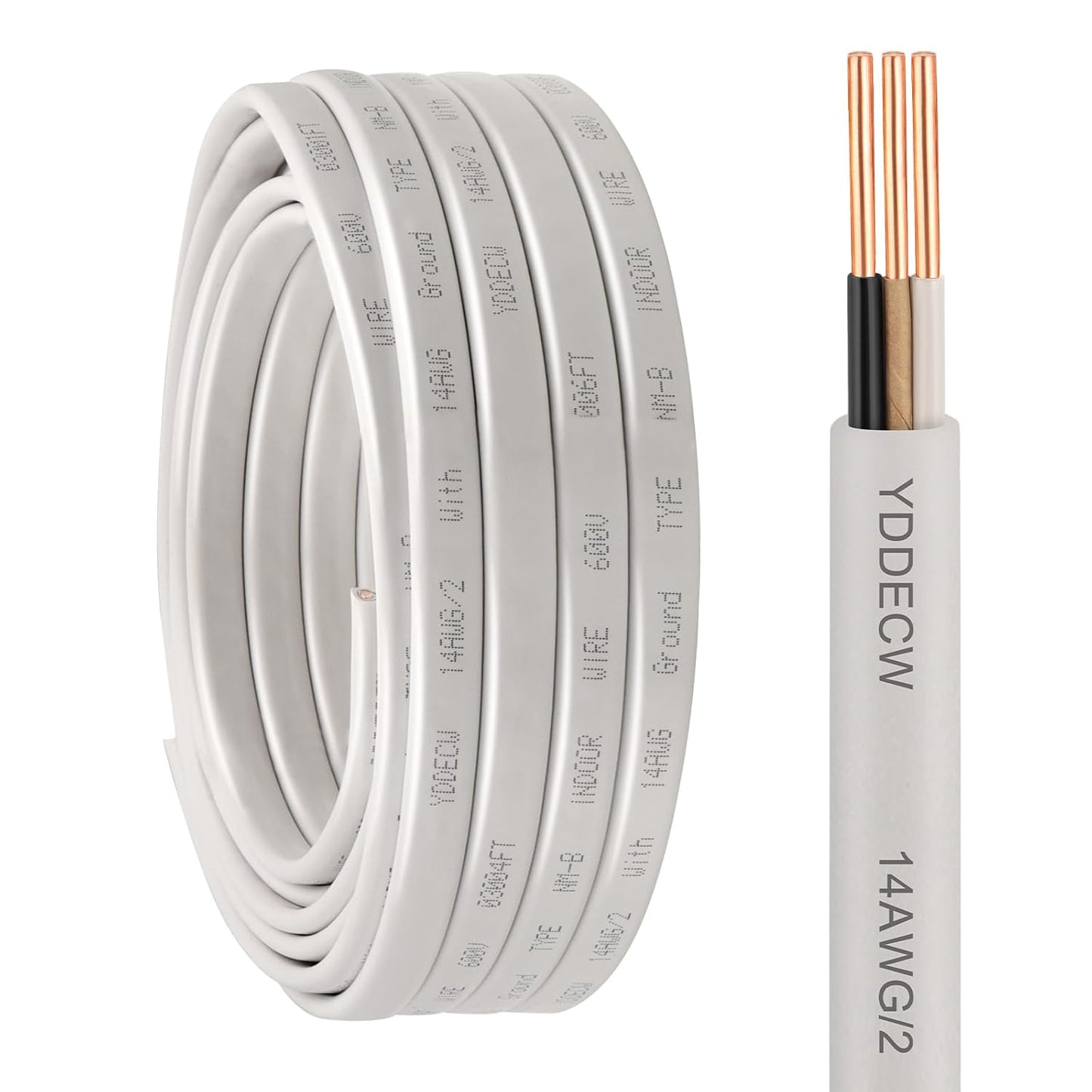 14 Gauge NM-B Wire with Ground - 50FT Pure Copper Indoor Electrical Cable for Outlets & Switches
