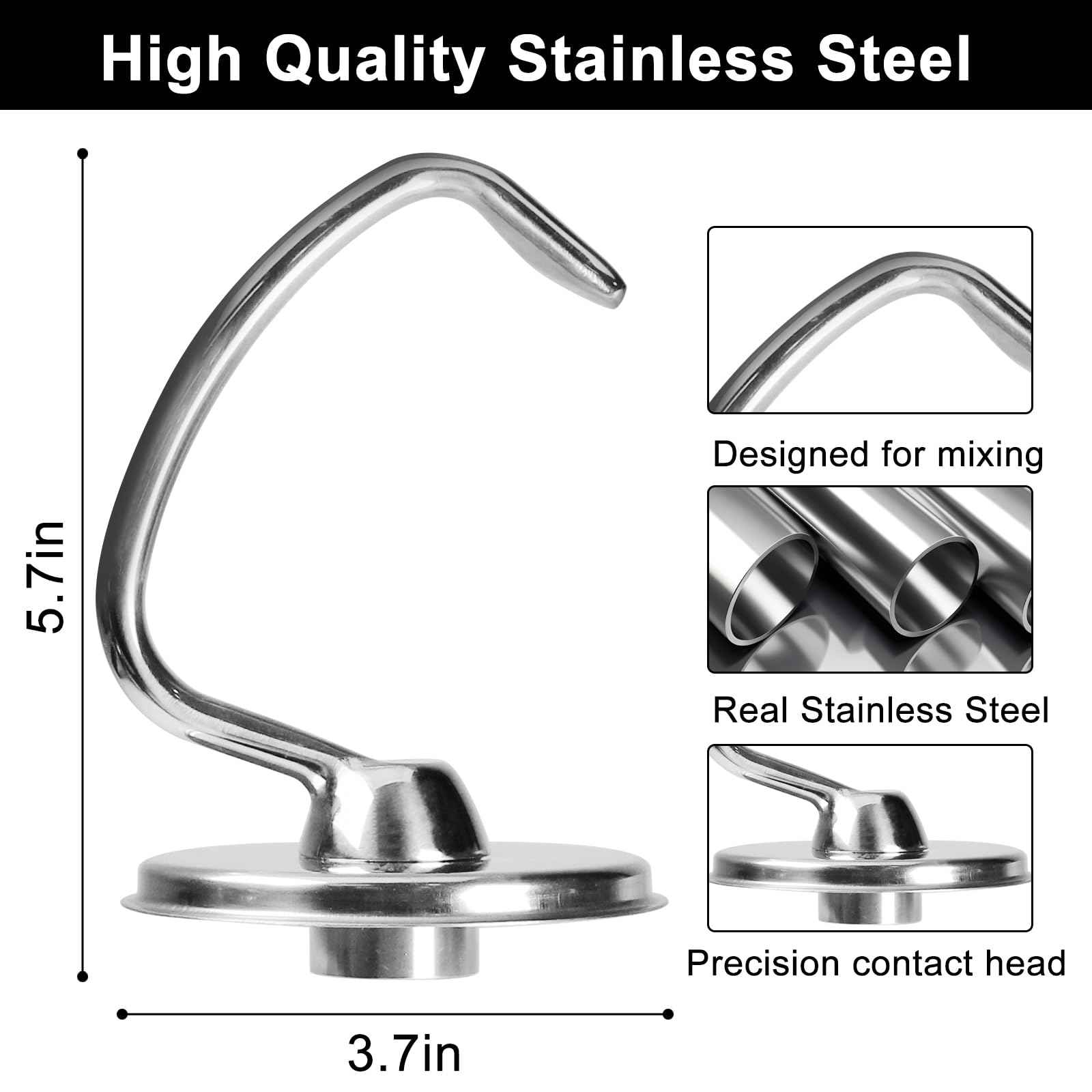 Stainless Steel Dough Hook Attachment for 4.5/5 Quart KitchenAid Tilt-Head Stand Mixers,Dough Hook kitchen aid Replacement for K45SS, KSM75, KSM90, KSM95, KSM150, Stand Mixer Parts Accessories