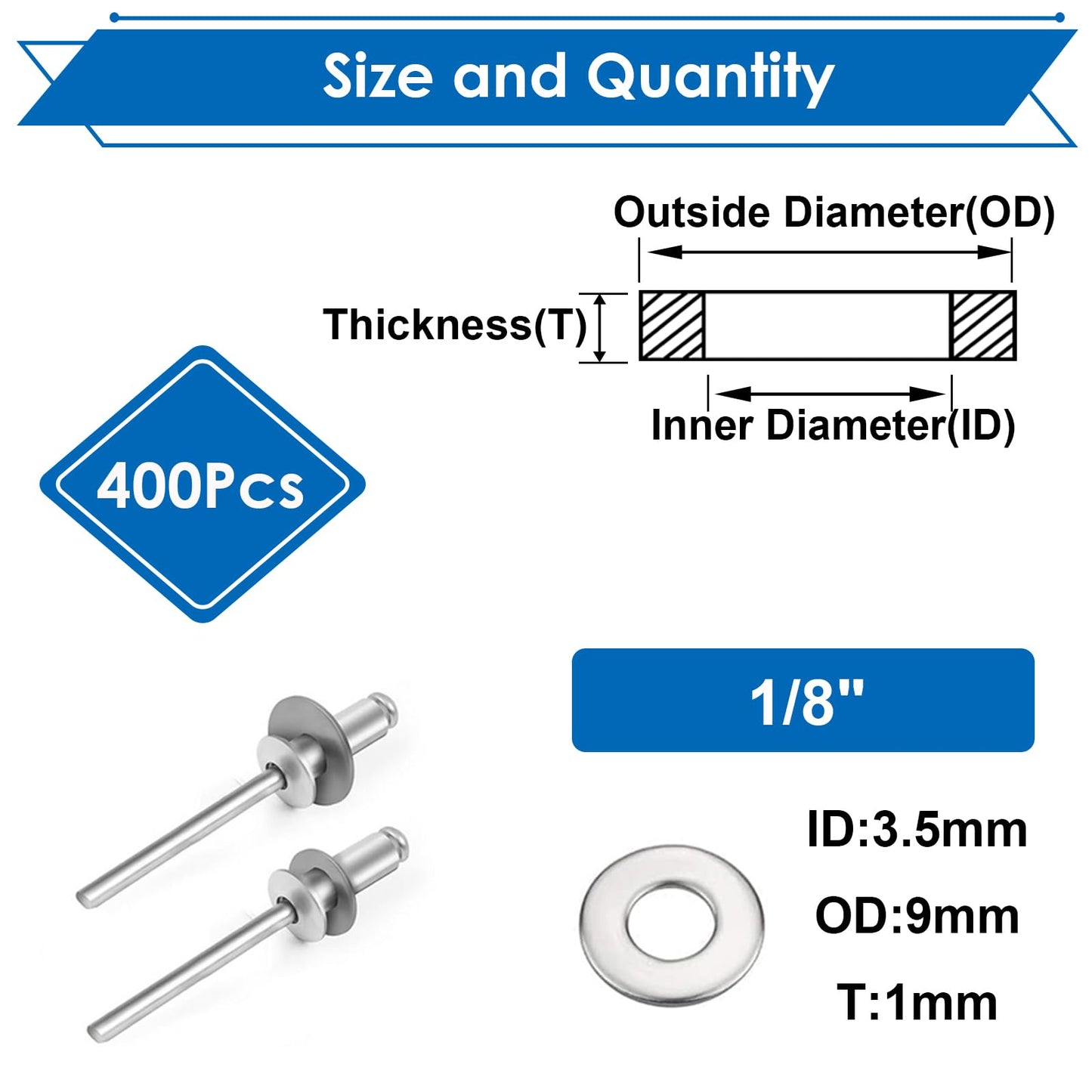 Seept 400PCS 1/8 Inch Silver Pop Rivet washers for Pop Rivets Diameter 1/8" 304 Stainless Steel pop Rivet Washer Aluminum pop Rivet washers Blind Rivet Washer