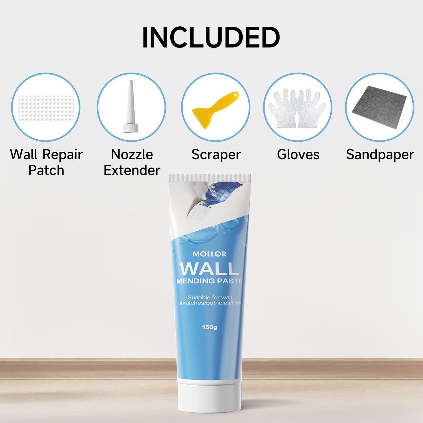 MOLLOR Drywall Repair Kit Wall Patch, 150g Spackle Wall Repair Paste with Scraper, Wall Mending Agent Quick and Easy Solution to Fill The Holes for Home Wall, White Repair Putty Plaster Dent