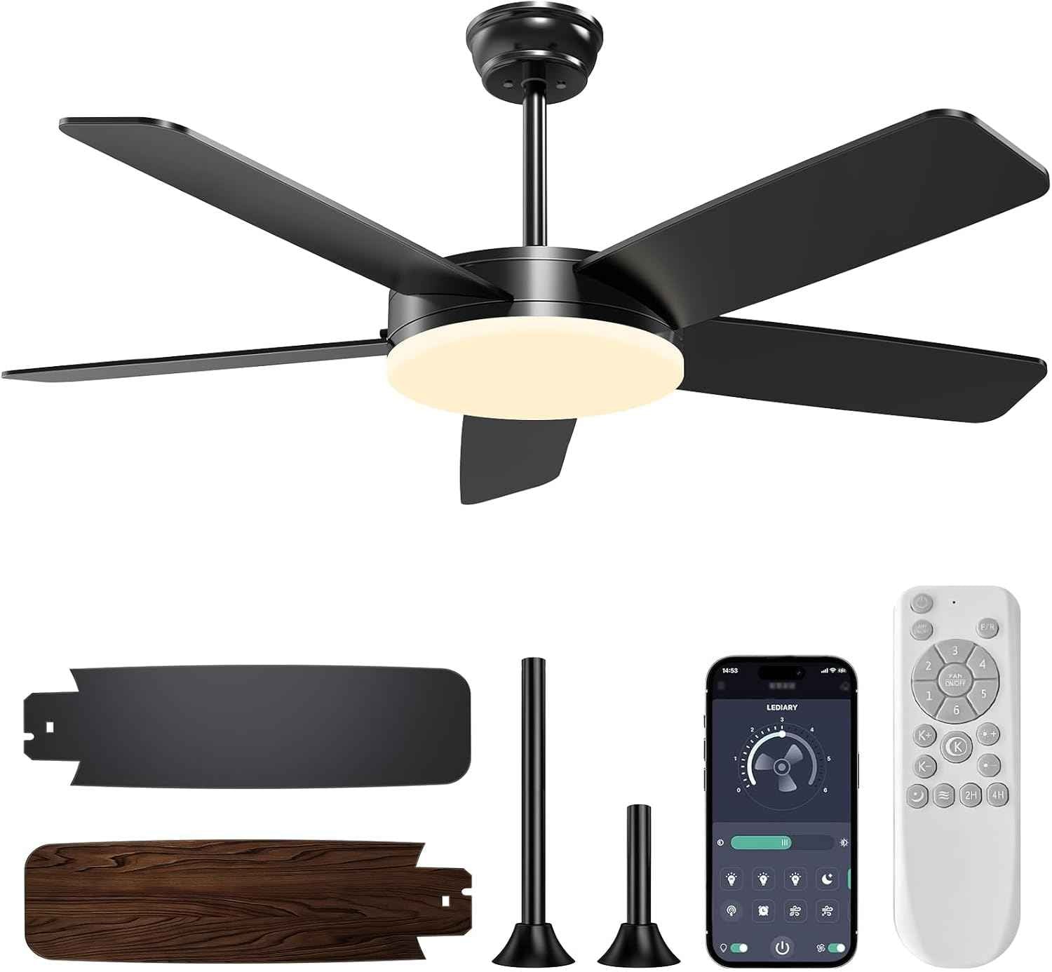 45-Inch Dimmable Ceiling Fan with Lights & Remote - 6 Speeds, Reversible, Quick Install for Indoor/Outdoor Use