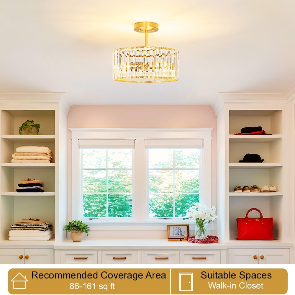 Modern Gold Crystal Ceiling Light Fixture - 11-Inch Semi Flush Mount Chandelier for Kitchen & Entryway