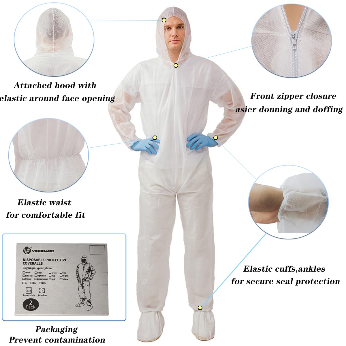 VVICOGARD 2 Pack Hazmat Suits,10 Colors Options Disposable Protective Coveralls, Paint Suit with Elastic Wrists Ankles and Hood