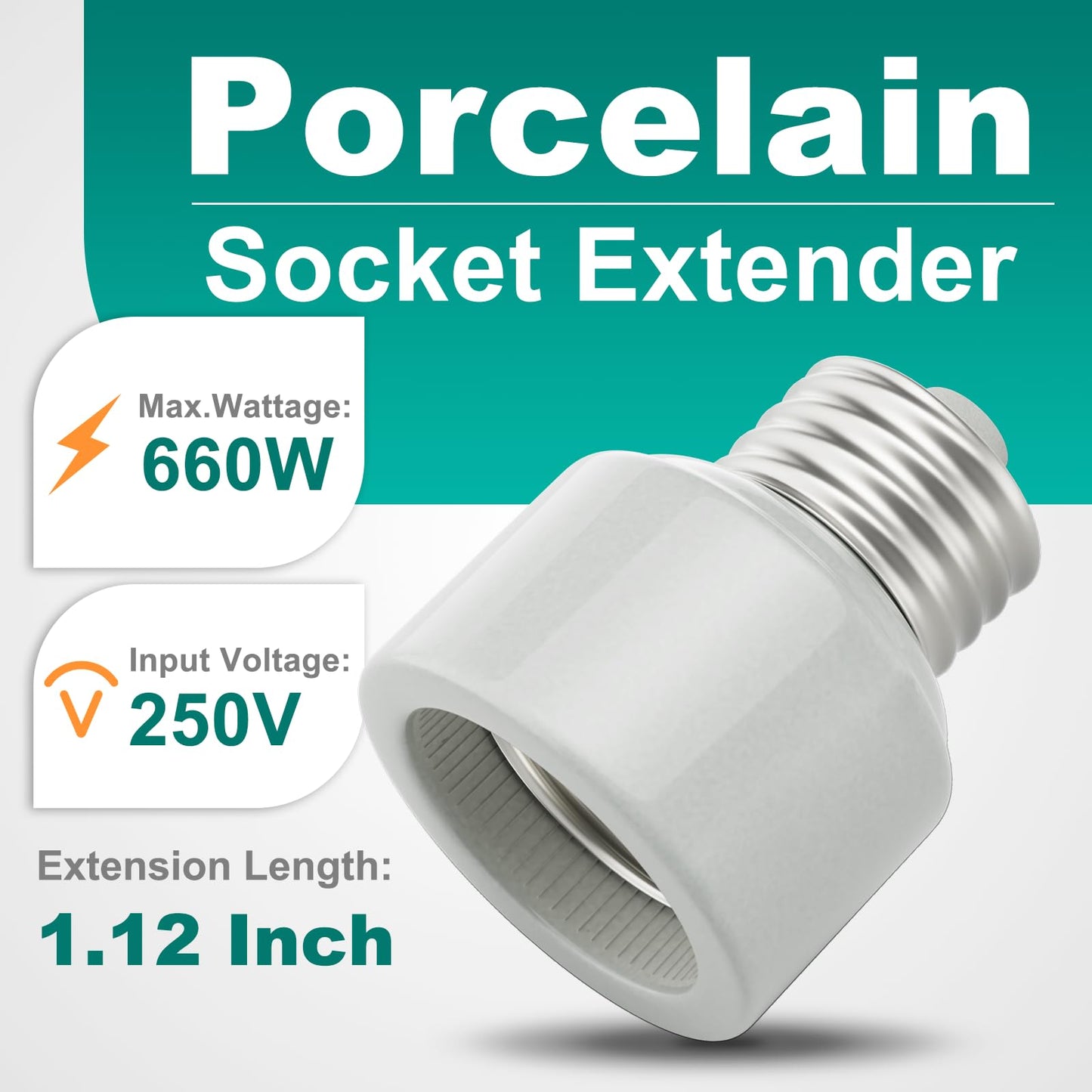 DiCUNO Light Socket Extender, UL Listed Porcelain Light Socket Extension Adapter, E26 to E26 Medium Base Extension Converter for Recessed Bulb, 660W, 250V, Bulb Extender, 2 Pack