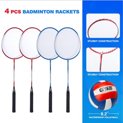 GSE Games & Sports Expert Outdoor Portable Badminton/Volleyball Complete Set with Net System, 4 Badminton Paddles, 3 Shuttlecocks, Volleyball, Boundary Line. Great for Backyards, Parks, Beach, Lawn