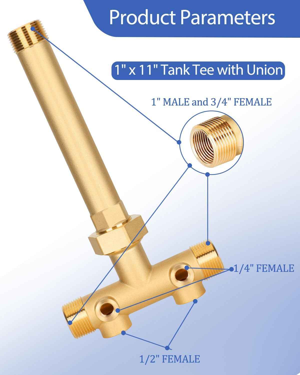 Well Pressure Tank Tee Kit with Union & 40-60 PSI Switch - Upgraded 1” x 11” for Tanks Up to 16” Diameter