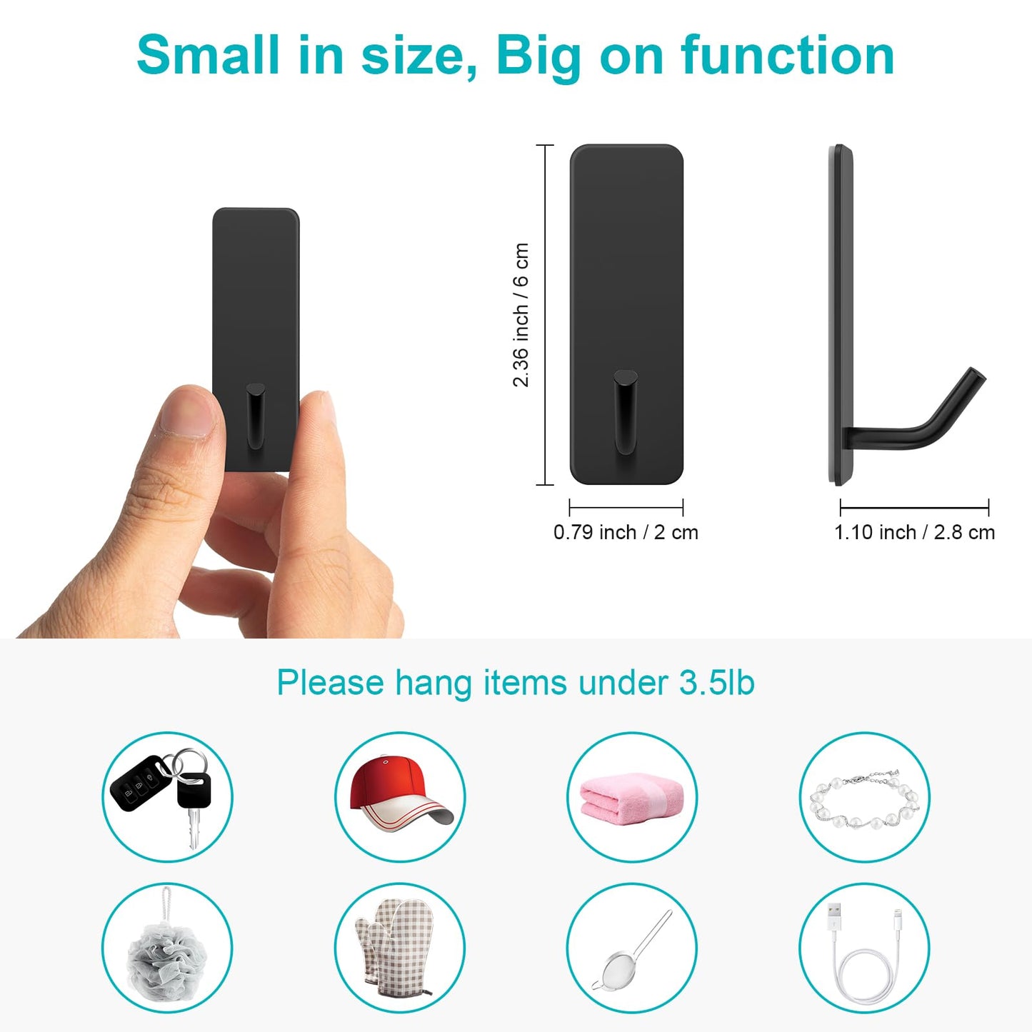 Quavzotu Small Self Adhesive Hooks for Walls No Damage, 6-Pack Stainless Steel Stick on Hooks for Hanging Towel Key Hat Bag Jewelry, Sticky Hangers for Kitchen Bathroom Door (Black(6pcs))