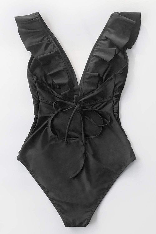 CUPSHE Ruffled One-Piece Swimsuit - V-Neck Design with Lace-Up Detail | Stylish Summer Swimwear